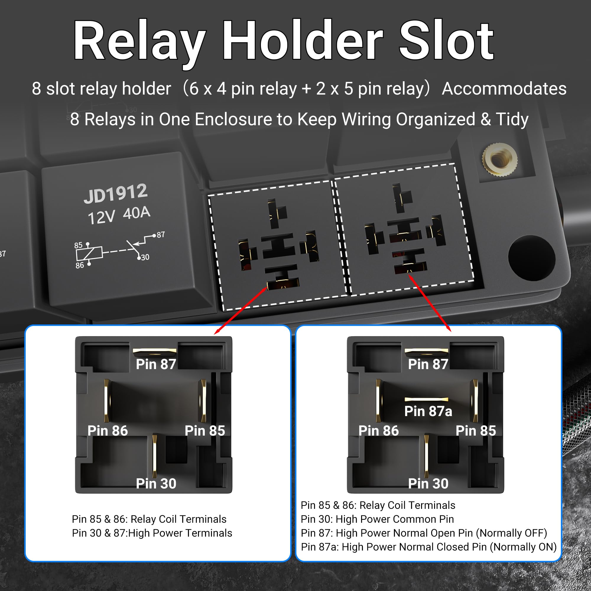 DaierTek colored relays close-up, clear relay ID speeds troubleshooting