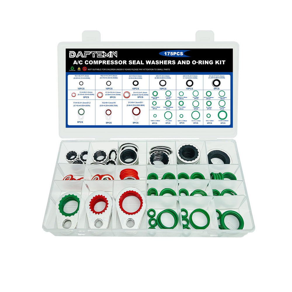 Daptemn front packaging of 175-piece A/C seal kit showing included contents and benefits