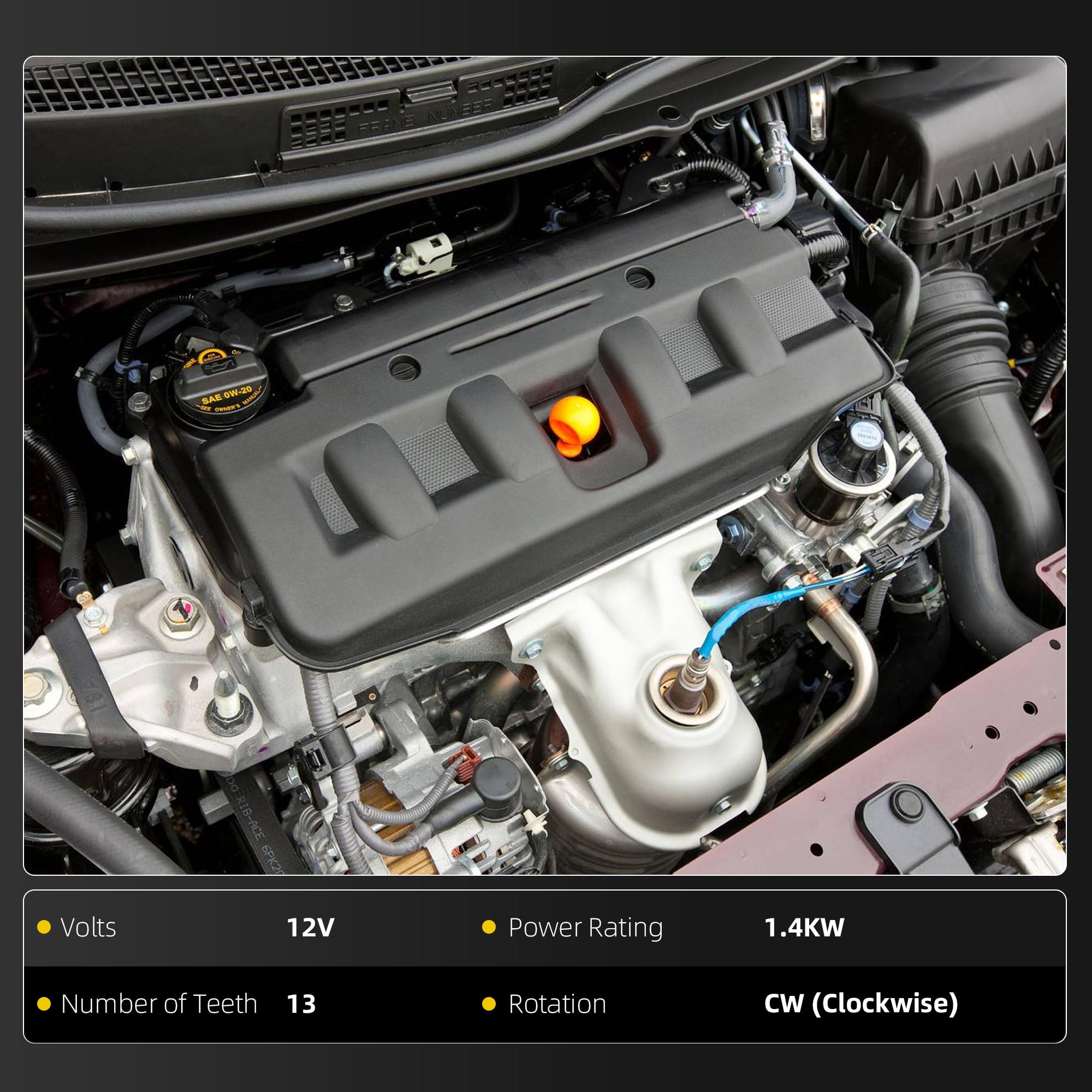 Dasbecan starter label and specs view confirming voltage and power ratings