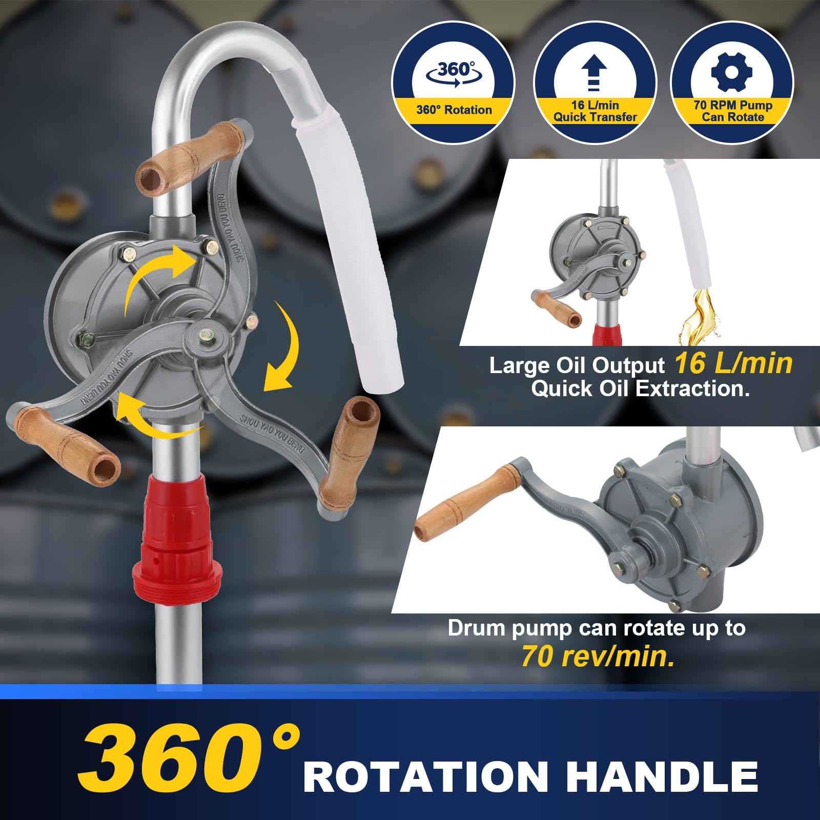 DASBET adjustable aluminum suction pipe demonstrating fit for multiple drum depths
