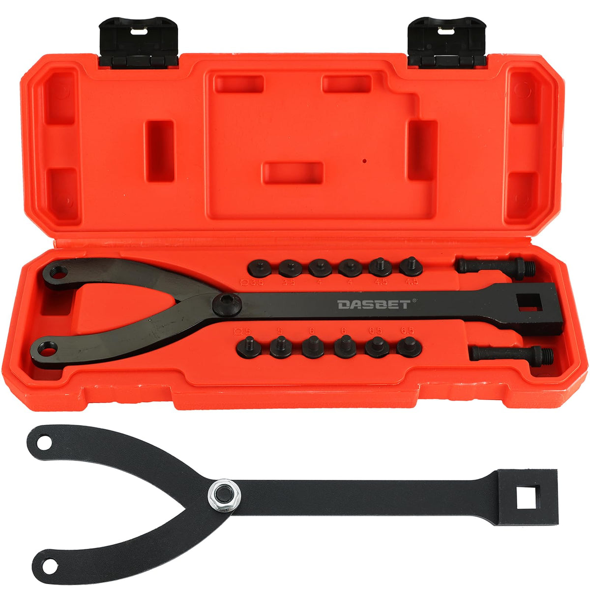DASBET front view of case and 15-piece set showing organized tools for easy transport