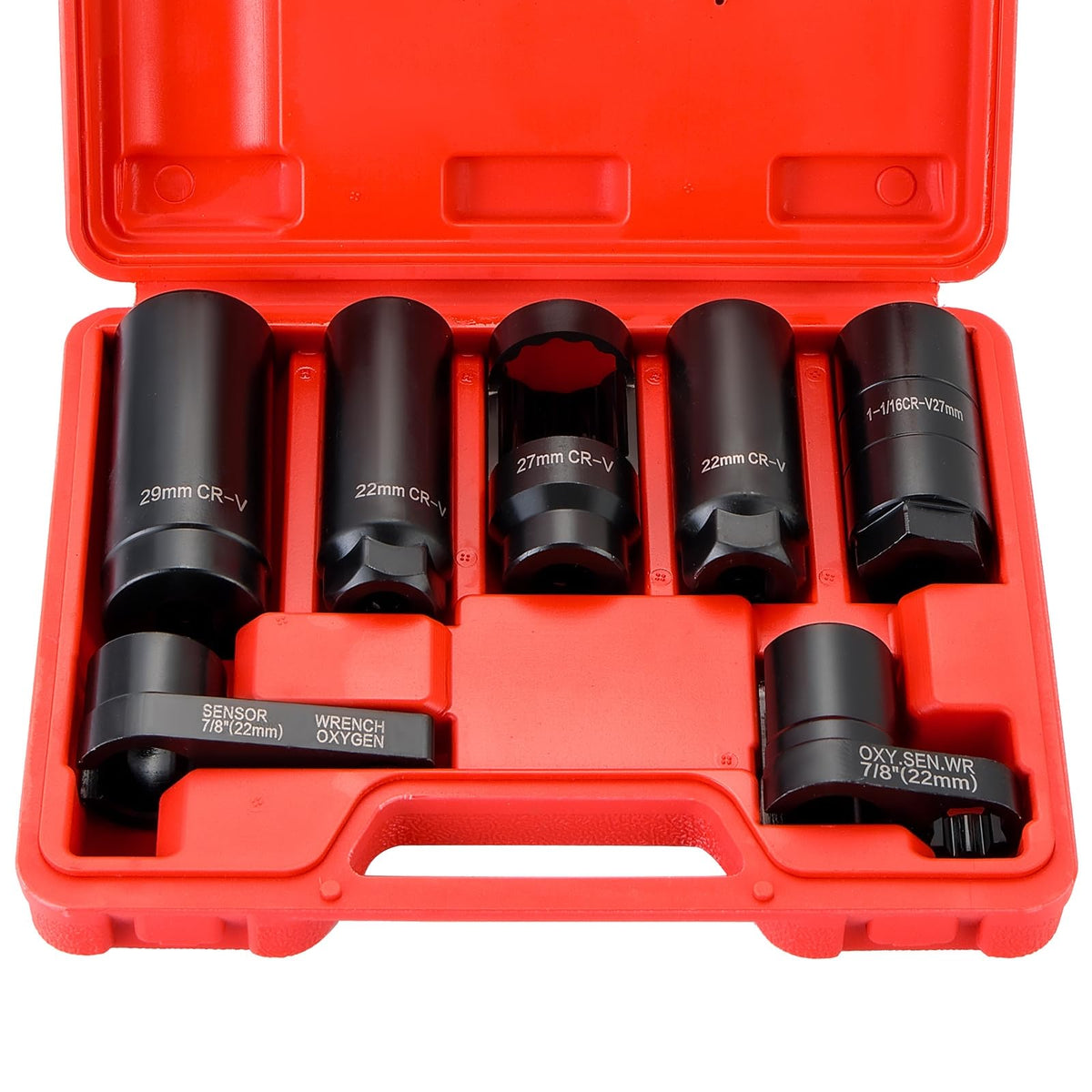 DASBET front view of 7-piece oxygen sensor socket set showing complete kit and organization