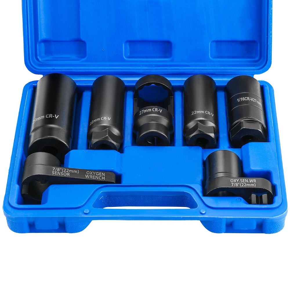 DASBET front view of full 7-piece sensor socket set showcasing durable finish and sizes