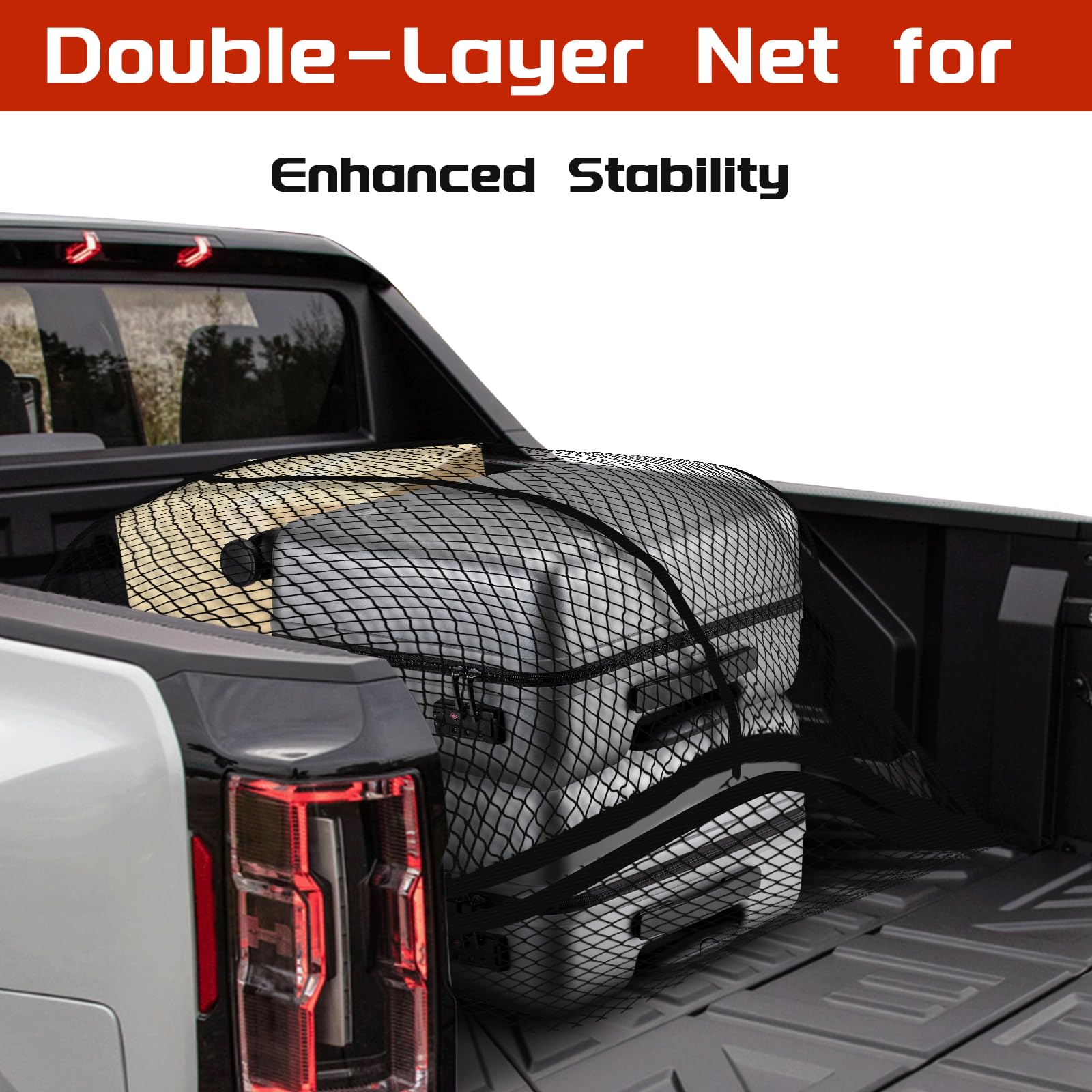 Dayacoco side view showing elastic net stretched over mixed cargo for protection