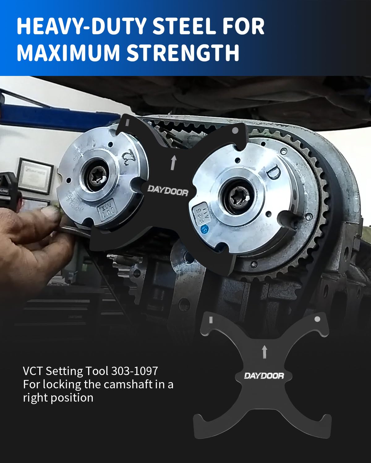 DAYDOOR camshaft locking plate mounted on head illustrating correct alignment and protection