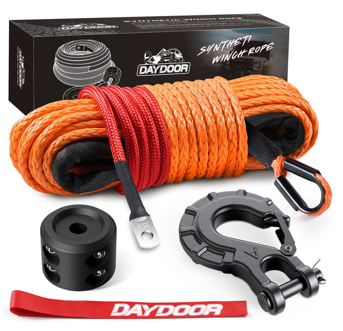 DAYDOOR front view of orange winch rope showing coiled length and label, highlights visibility