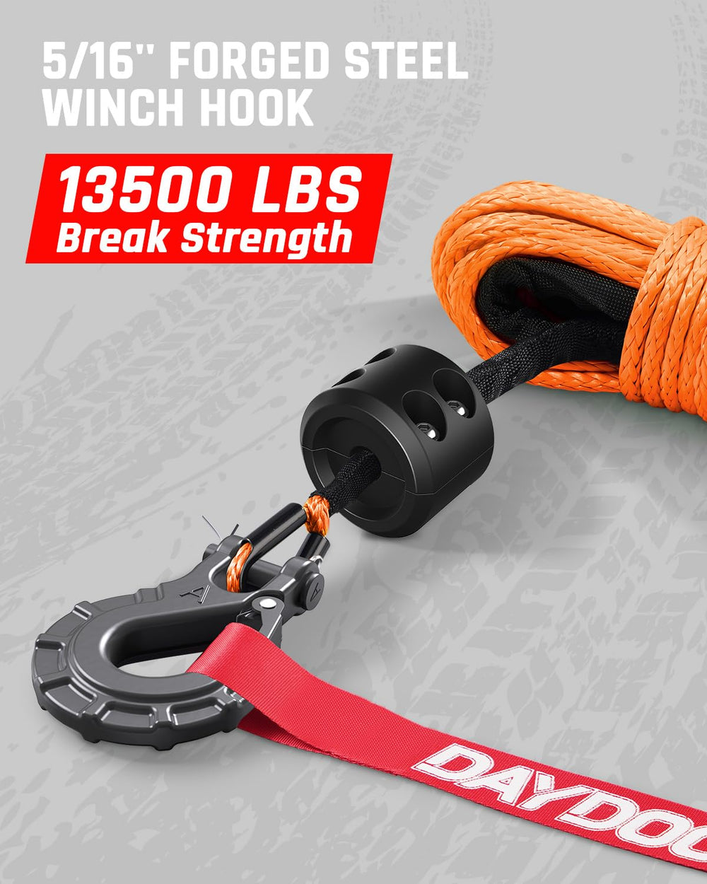 DAYDOOR rope laid beside tape measure showing 50 ft length, clarifies scale