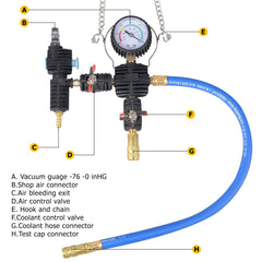 DAYUAN hand pump with pressure gauge close-up showing accurate 0–35 psi control for diagnostics