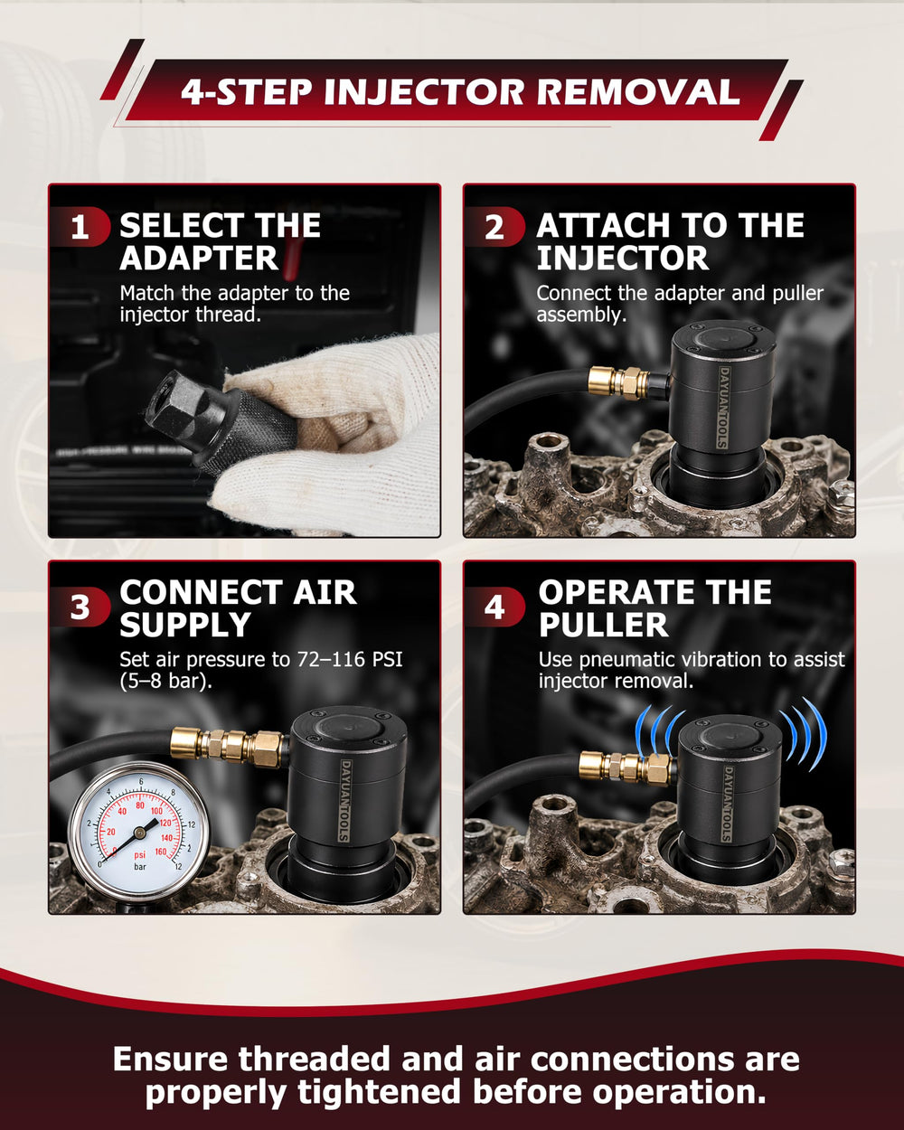 DAYUAN tool in use on diesel engine shows safe injector removal without hammering