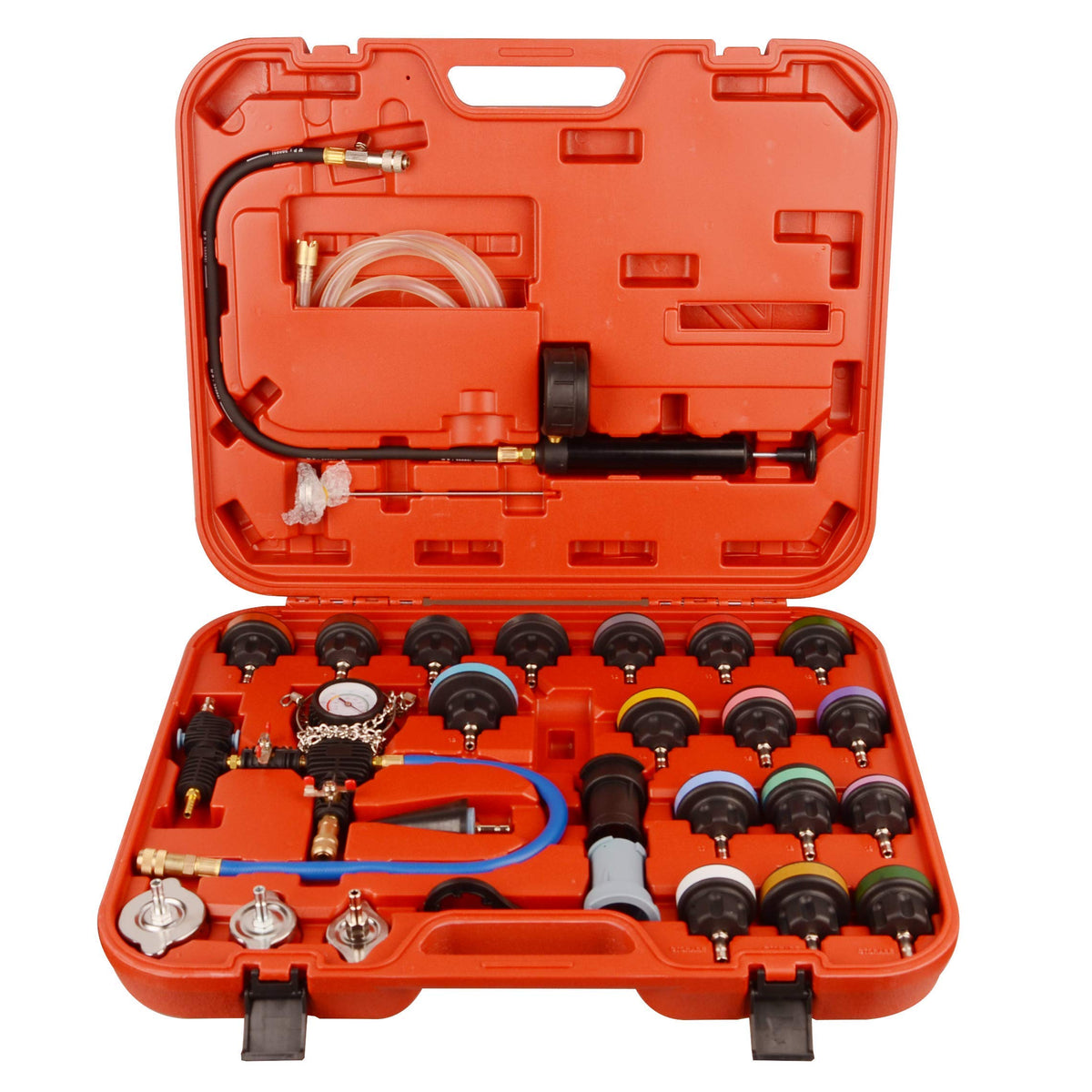 DAYUAN full 28-piece radiator pressure tester kit laid out for quick identification and use
