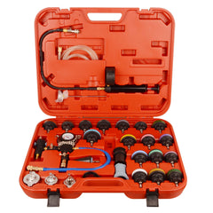DAYUAN full 28-piece radiator pressure tester kit laid out for quick identification and use