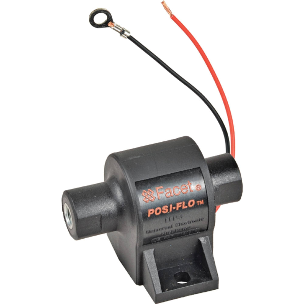 DB Electrical Facet POSI-FLO front view showing compact pump and threaded fitting for easy installation
