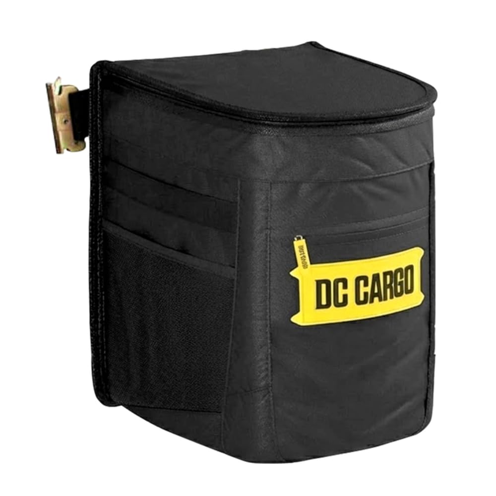 DC Cargo Mall front view of hanging E-Track garbage can showing size and shape