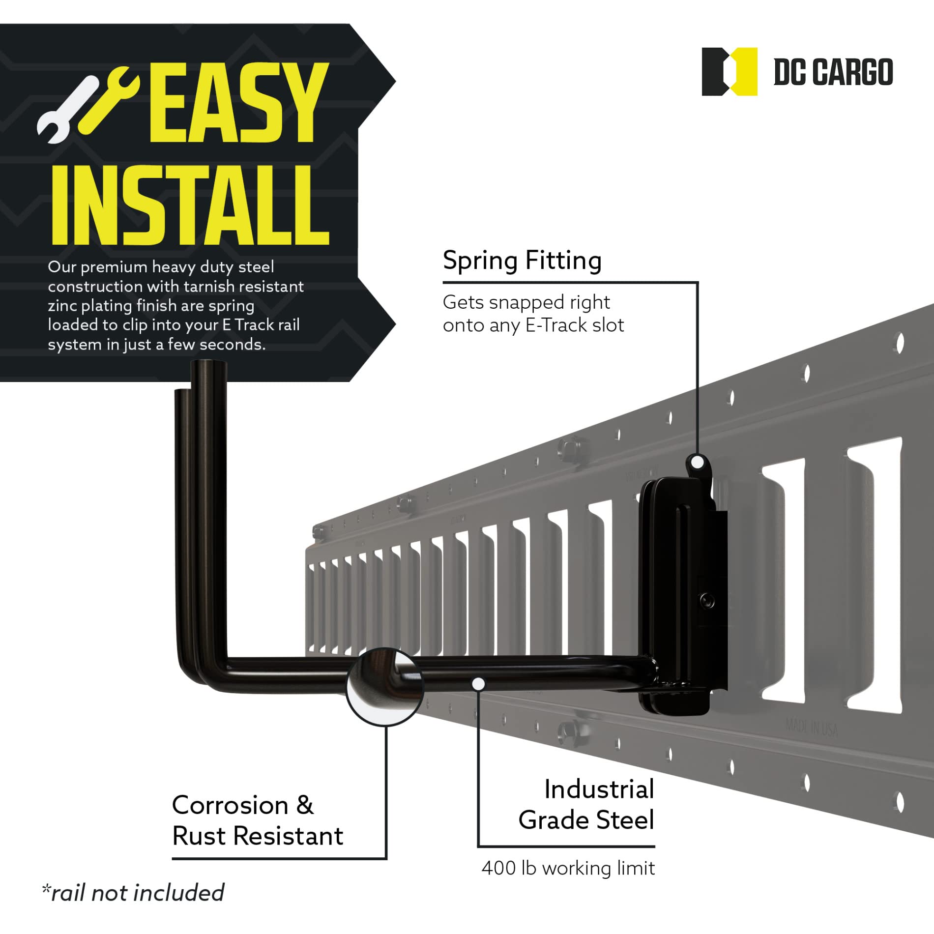 DC Cargo Mall hooks clipped into E-Track rail illustrating secure mounting