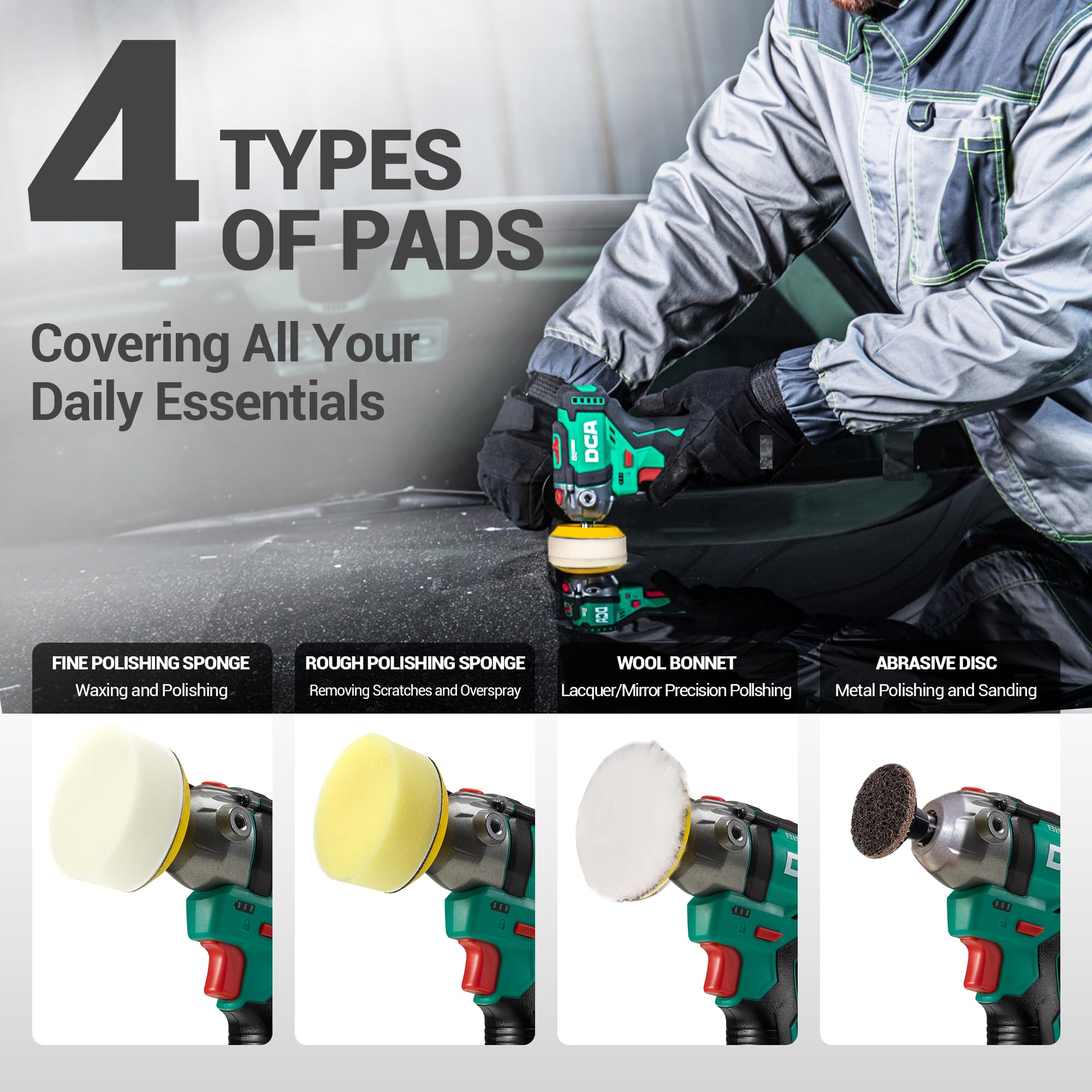 DCA backing plates and assortment of foam and wool pads for versatile detailing benefits
