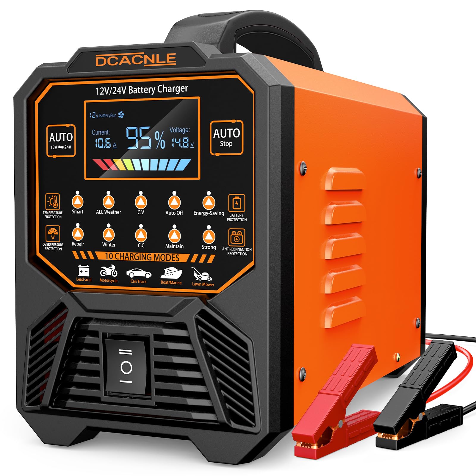DCACNLE front view showing durable casing and LCD for fast, safe charging
