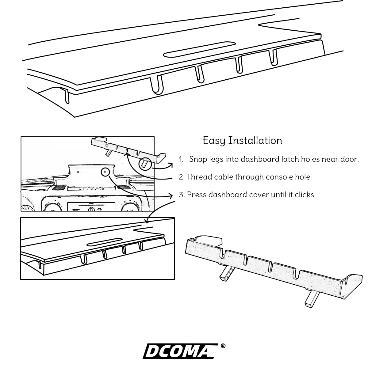 DCOMA cables inserted through console showing organized charging and reduced wear