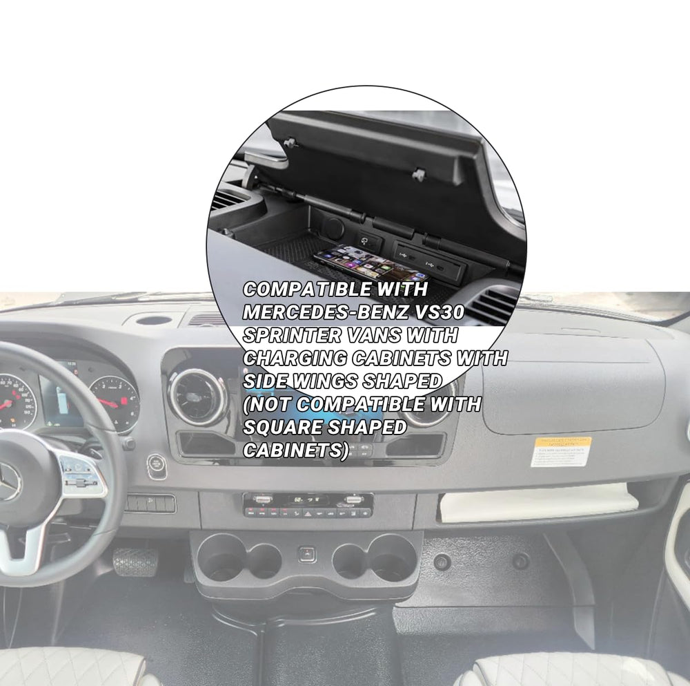 DCOMA lifestyle van cabin view showing neat dashboard and clutter-free charging