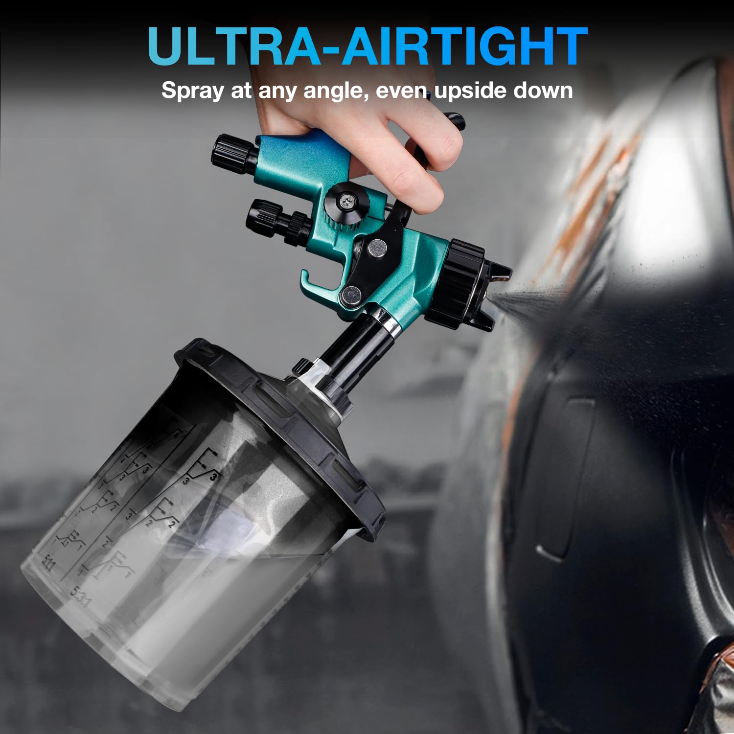 Decwls attached to spray gun demonstrating leak-free multi-angle spraying