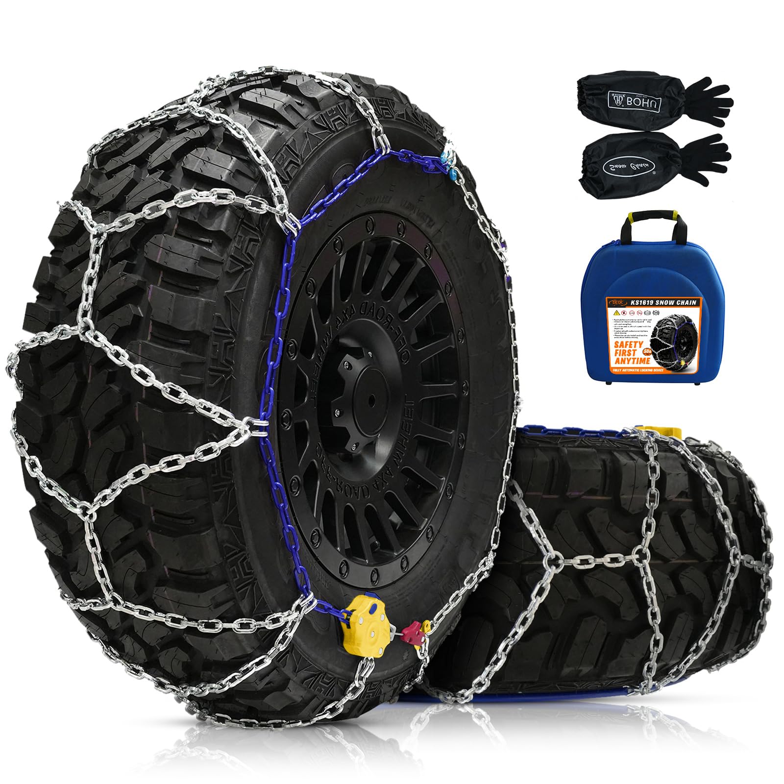 DEDC front packaging showing auto lock snow chains, clear fitment info and benefits