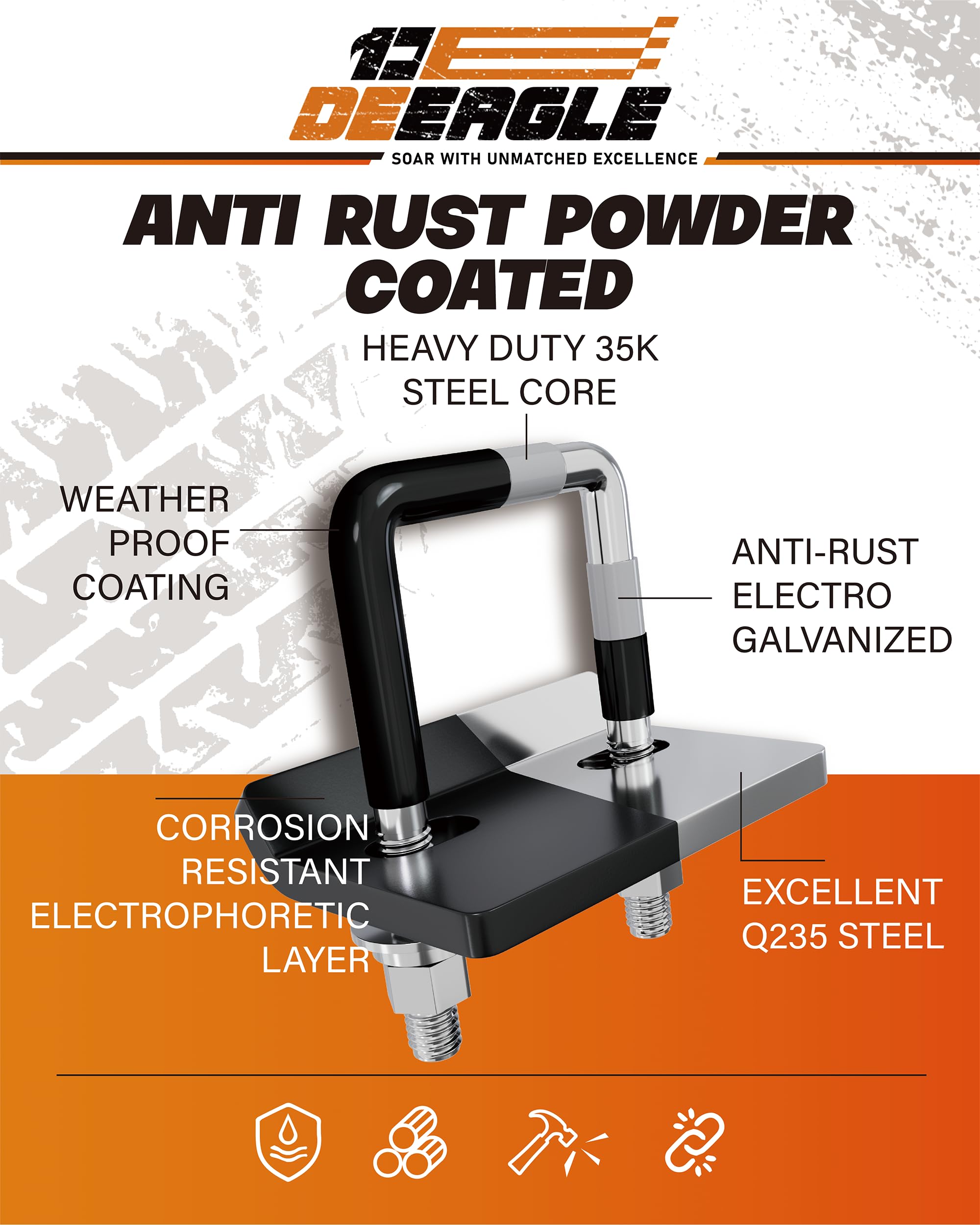 DEEAGLE rubber-coated U-bolt detail protecting hitch finish and absorbing shocks