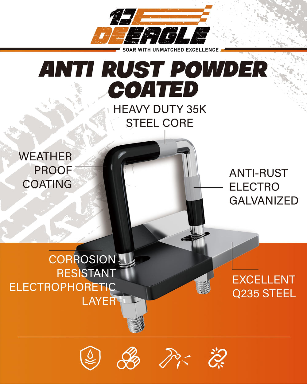 DEEAGLE rubber-coated U-bolt detail protecting hitch finish and absorbing shocks