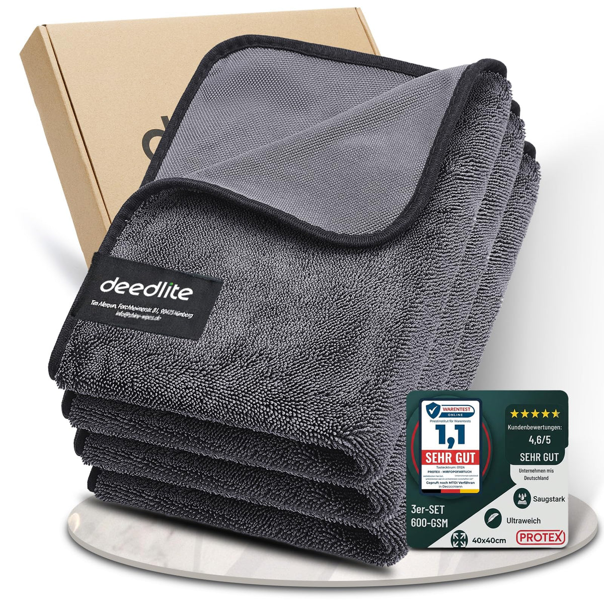 Deedlite front packaging showing towel and benefits clearly
