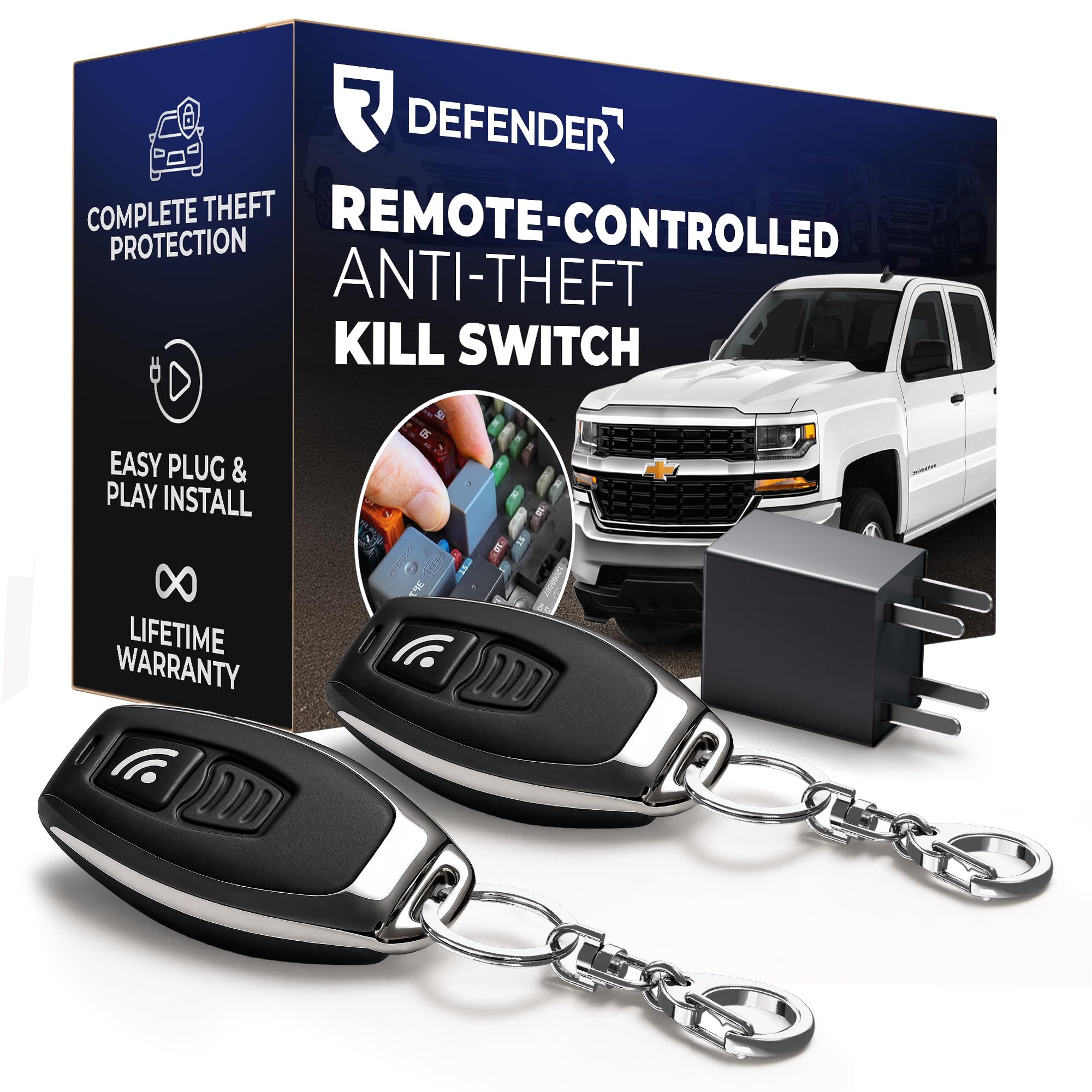 Defender front packaging showing fuse-box module and secure design
