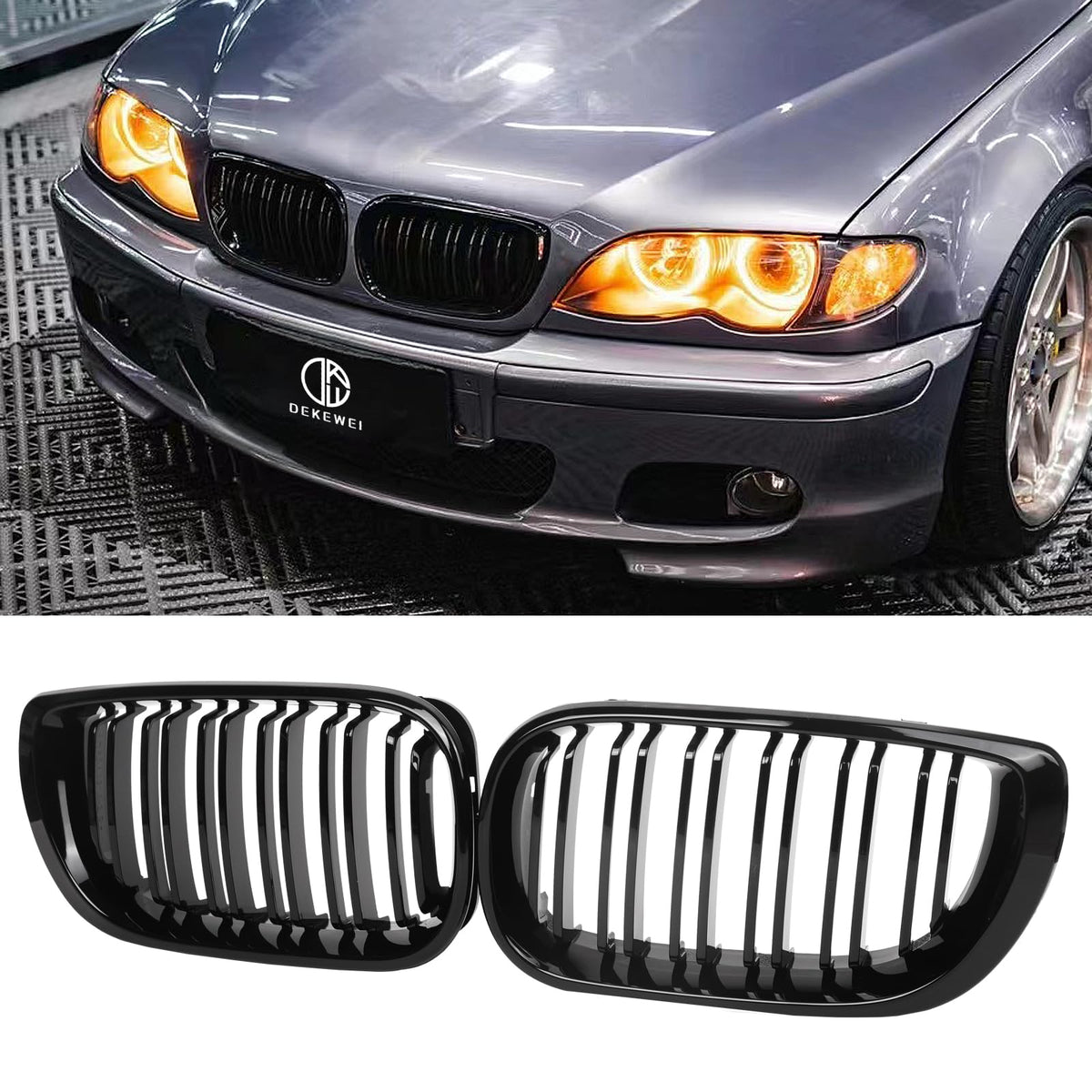 DEKEWEI front view of gloss black E46 grille showing refreshed bumper look