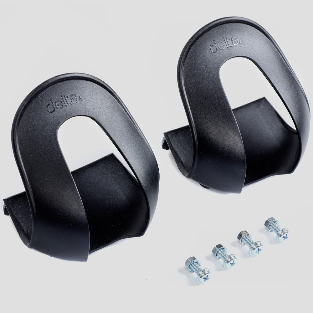 Delta toe clips in use with rider illustrating easier pedaling and quick release