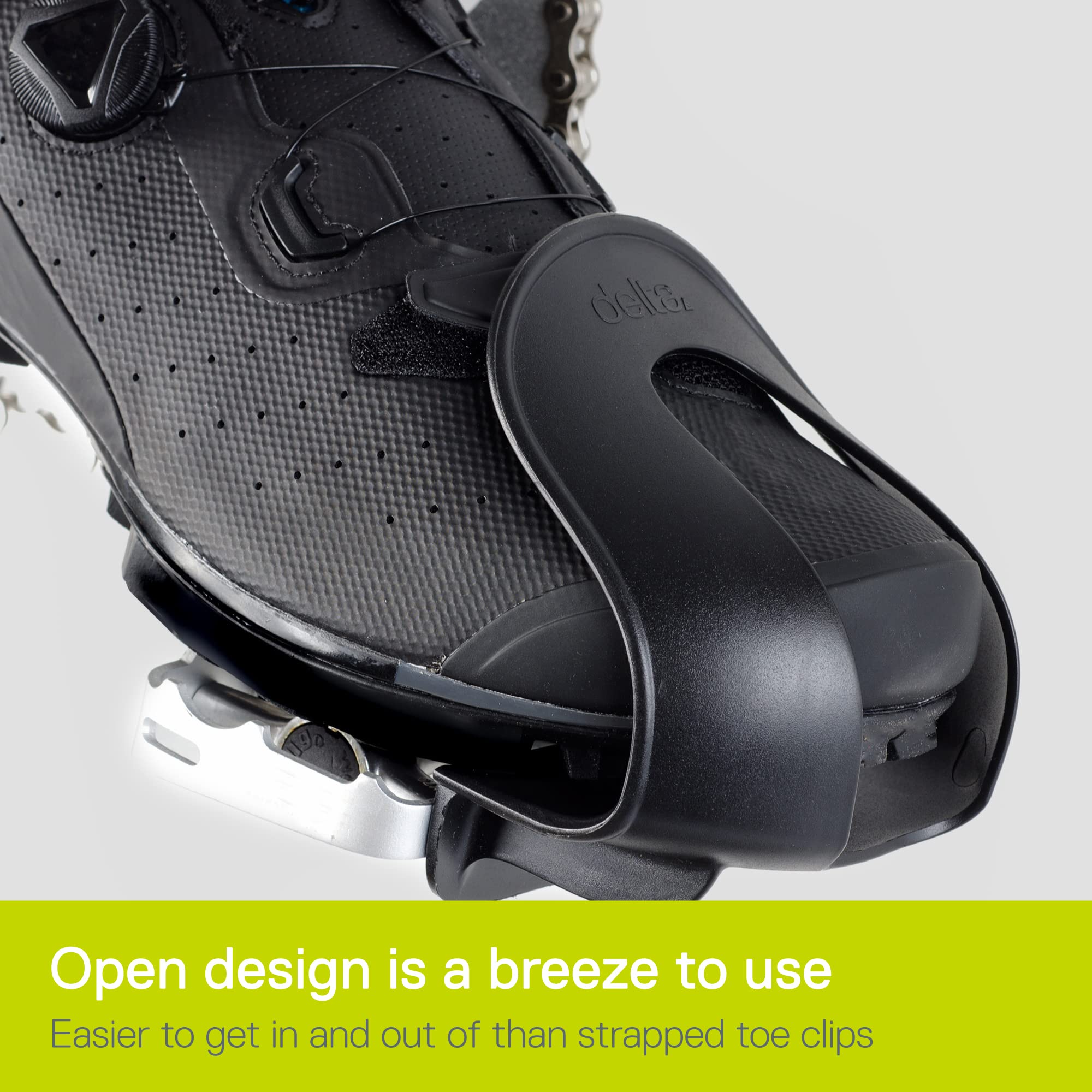 Delta toe clips side profile highlighting curved shape for natural foot alignment