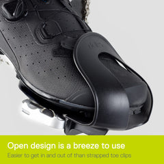 Delta toe clips side profile highlighting curved shape for natural foot alignment