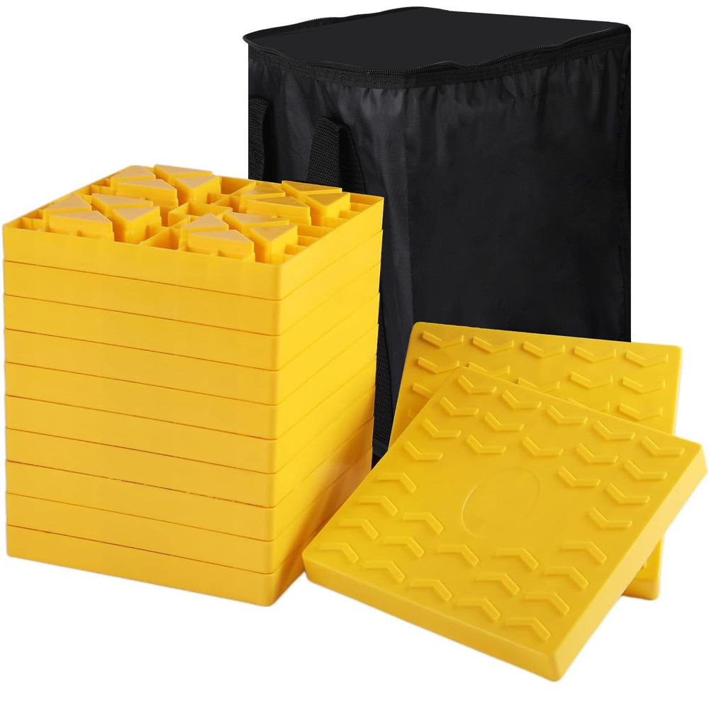 Demreal front packaging showing 12-pack leveling blocks and stabilizer pads for easy setup