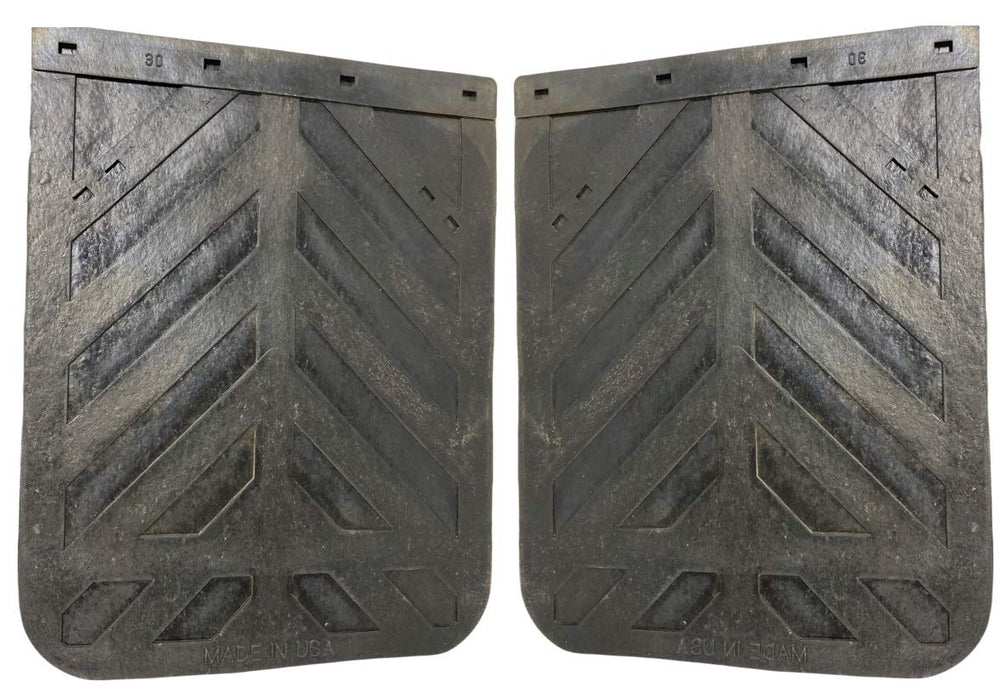 DENCO DISTRIBUTING front view of pair of mud flaps showing full size and benefit