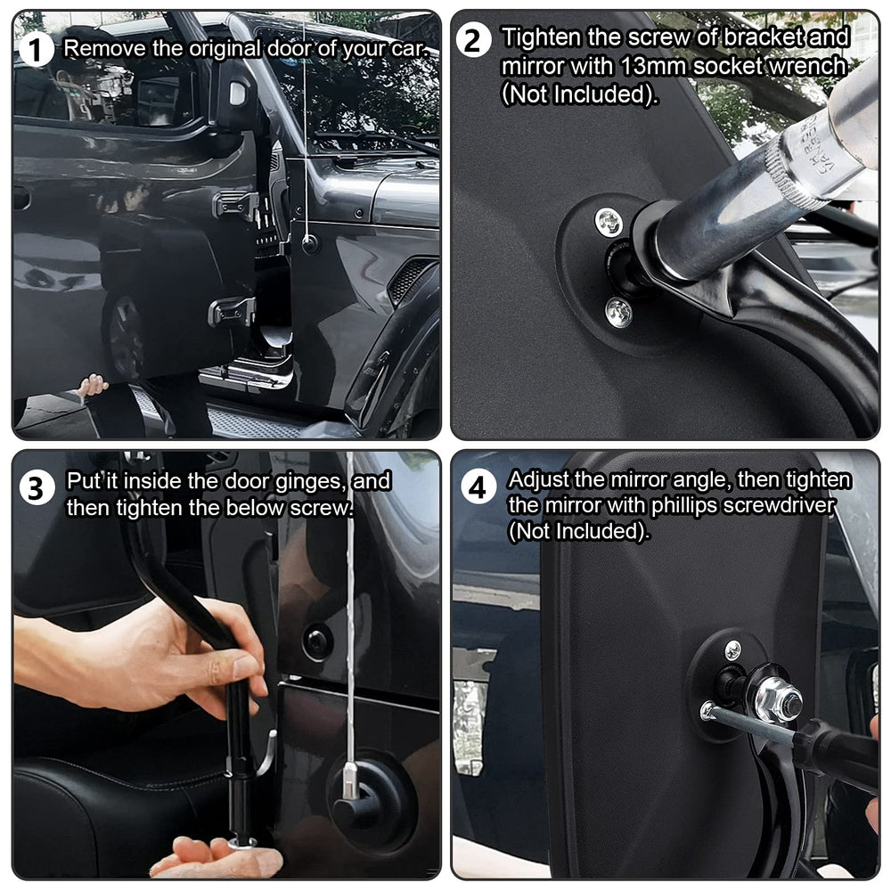 DenForste mirror mounted on Jeep hinge demonstrating secure door-off fit