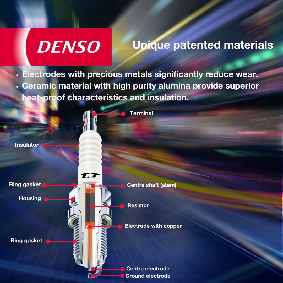 Denso spark plug next to ruler showing size and reach for correct fitment benefit