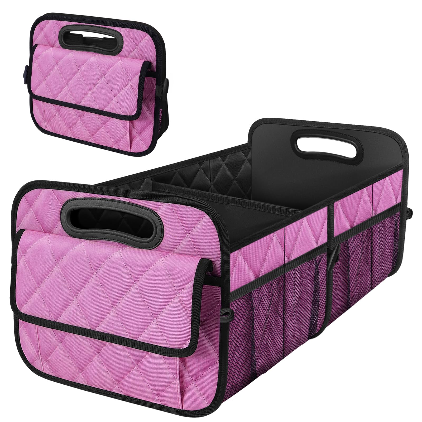 Deosk front view of pink trunk organizer showing neat storage benefit