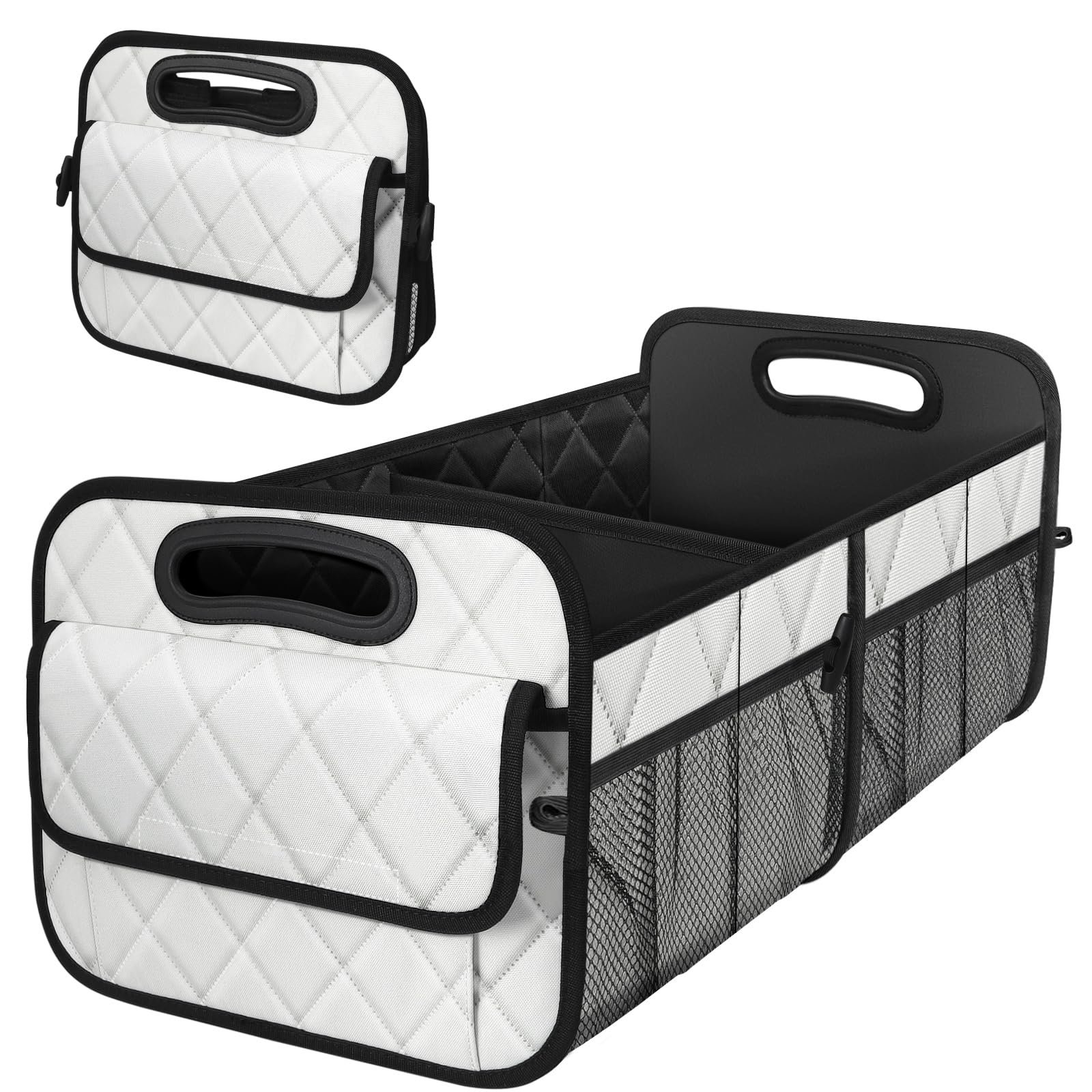 Deosk front view beige trunk organizer showing neat cargo storage benefit