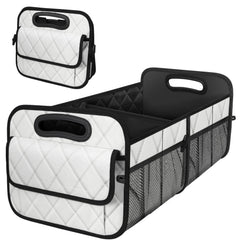 Deosk front view beige trunk organizer showing neat cargo storage benefit