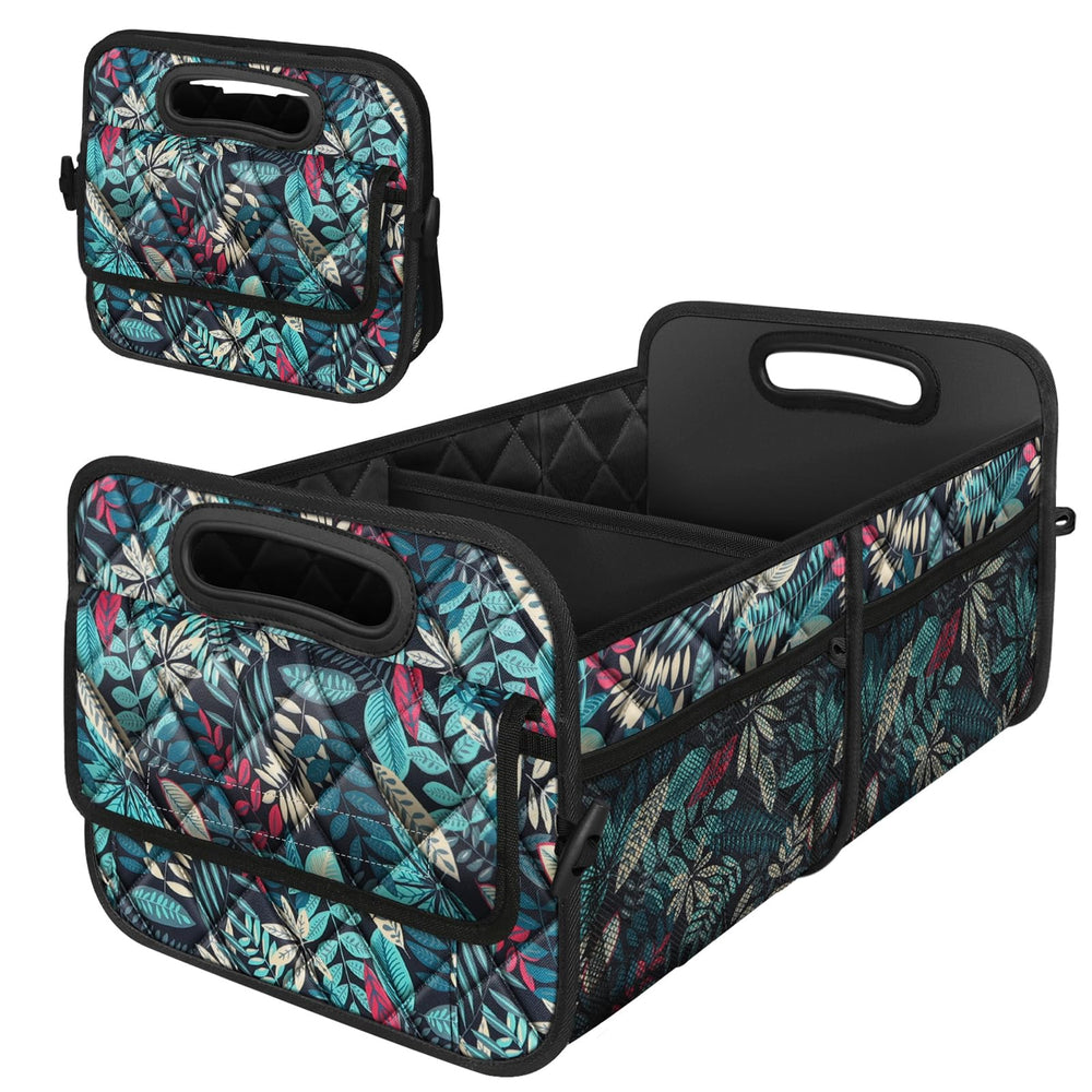 Deosk front view of trunk organizer showing structure and leaves pattern, easy storage