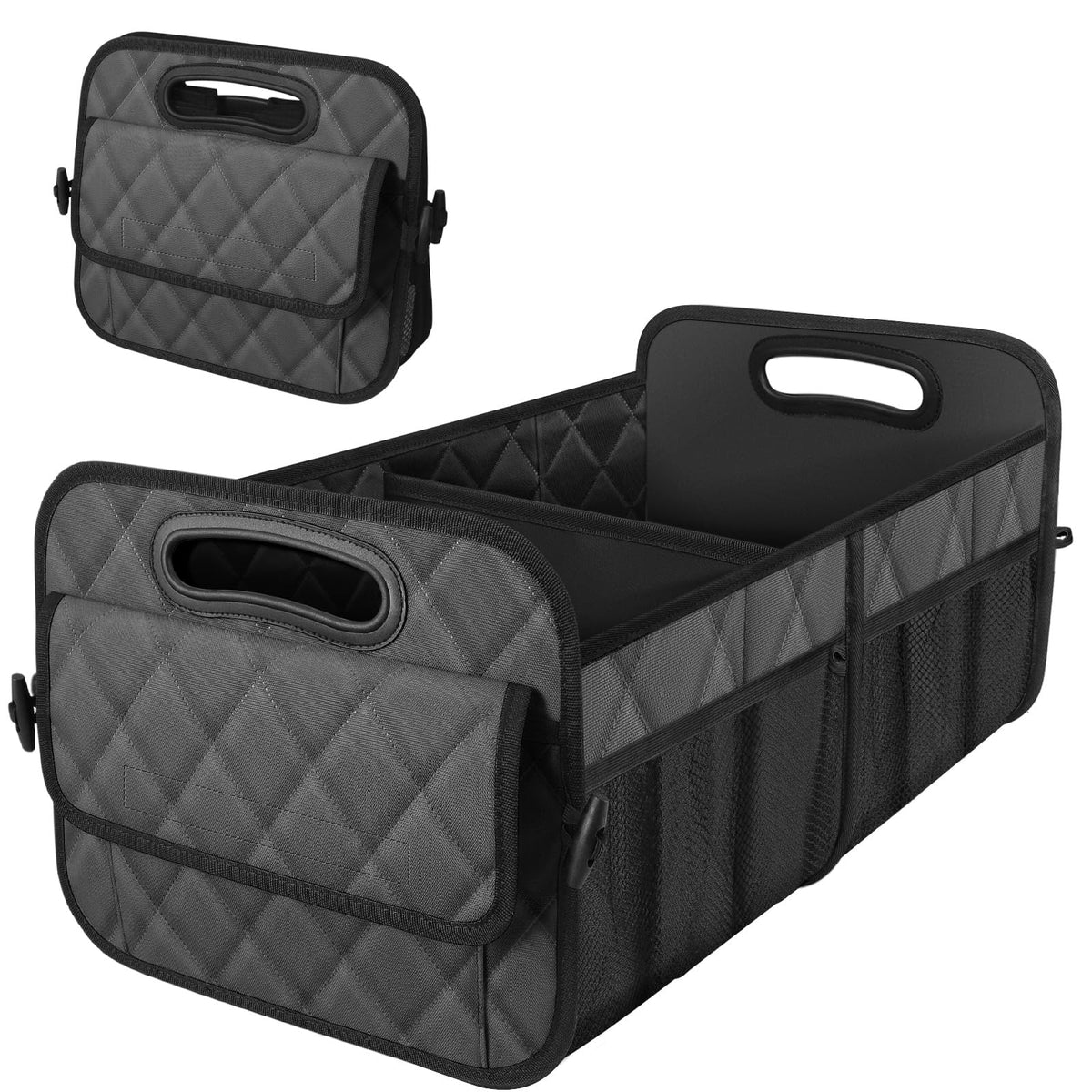 Deosk front view of trunk organizer showing shape and capacity for tidy storage
