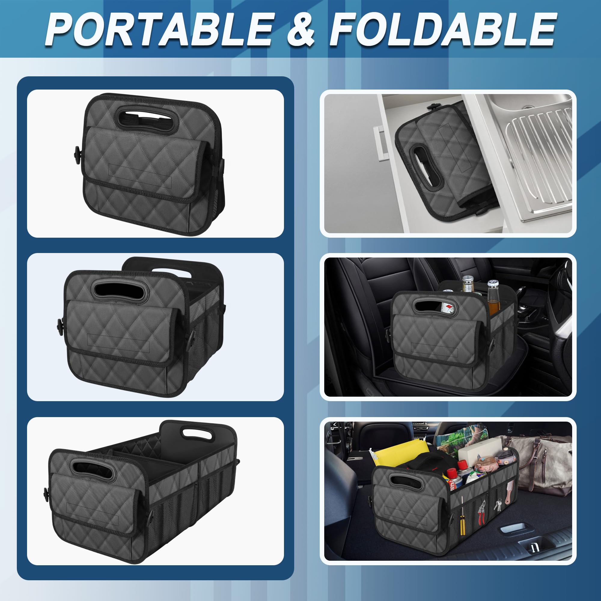 Deosk organizer placed in a car trunk demonstrating stable fit and organization