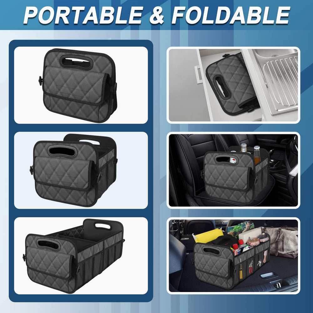 Deosk organizer placed in a car trunk demonstrating stable fit and organization