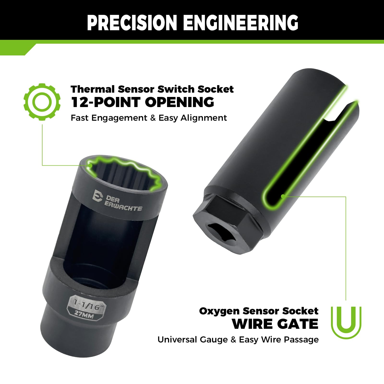Der Erwachte sockets beside ratchet showing drive-size compatibility and scale