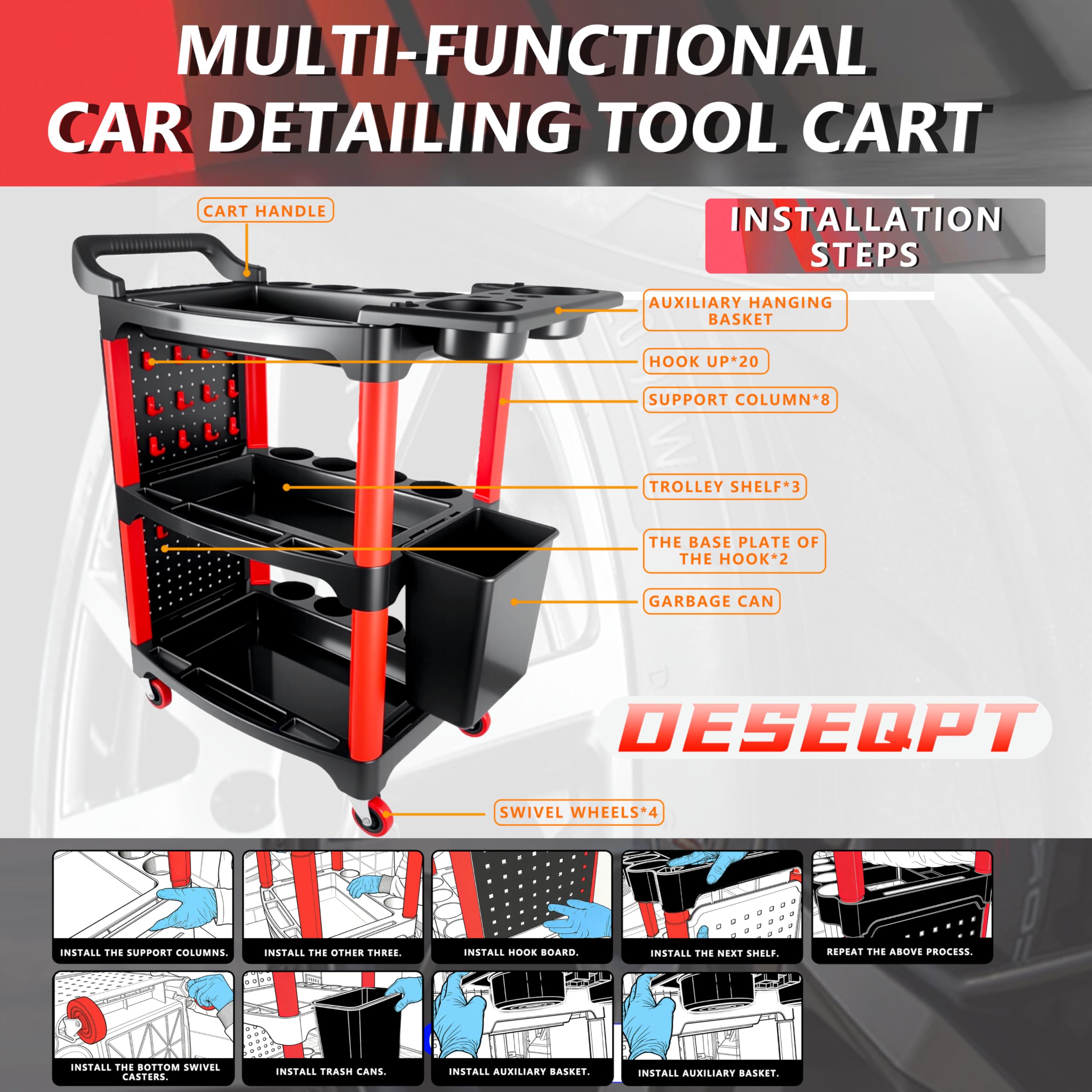 DESEQPT cart next to car trunk showing compact footprint and scale