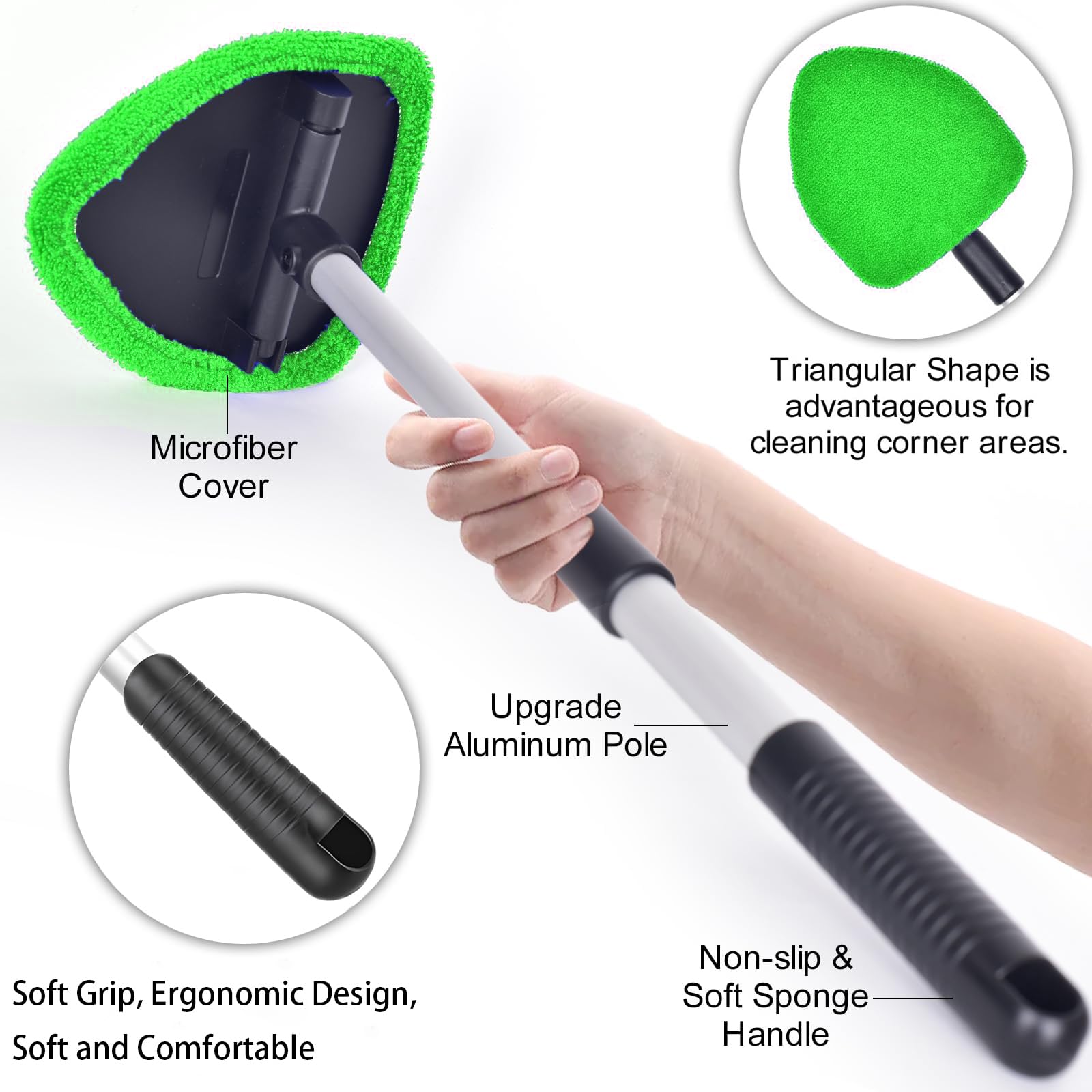 desin extended handle in use reaching a tall windshield for safer, comfortable cleaning