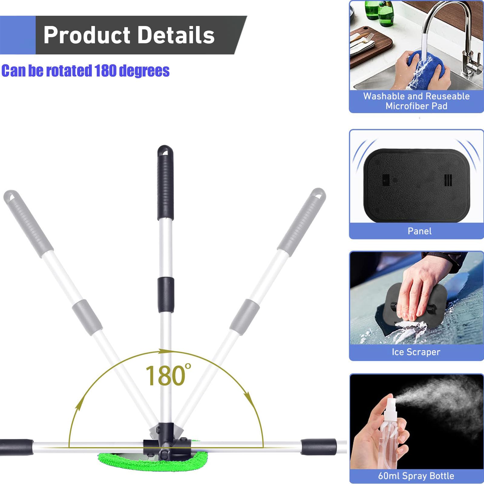 desin swivel head detail demonstrating 180-degree pivot for full glass contact and corner reach