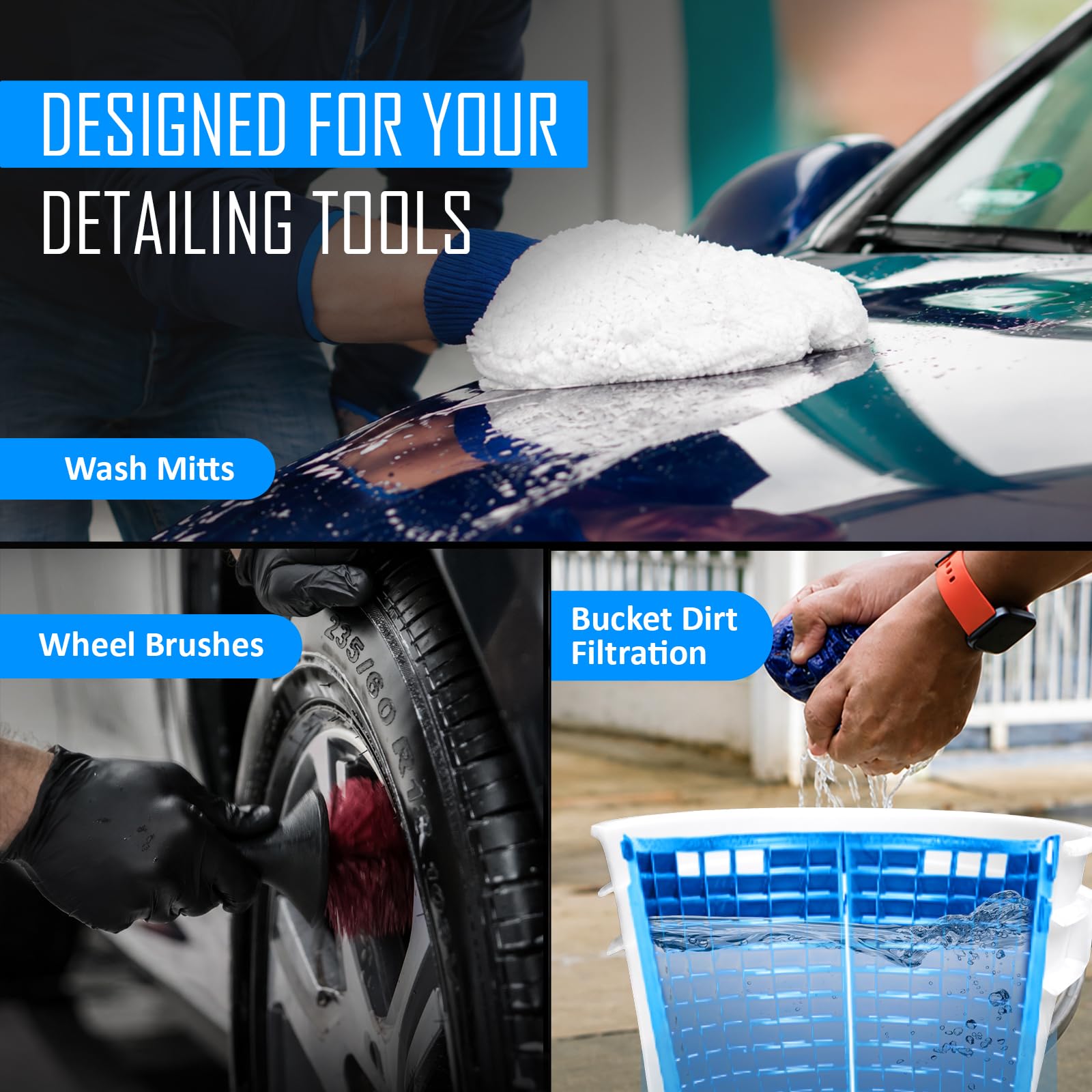DETAIL GUARDZ Scrub Wall beside wash mitt showing size and improved containment of debris