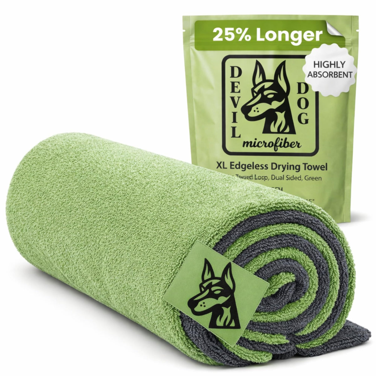 Devil Dog Microfiber front view showing full towel coverage and quick drying benefit