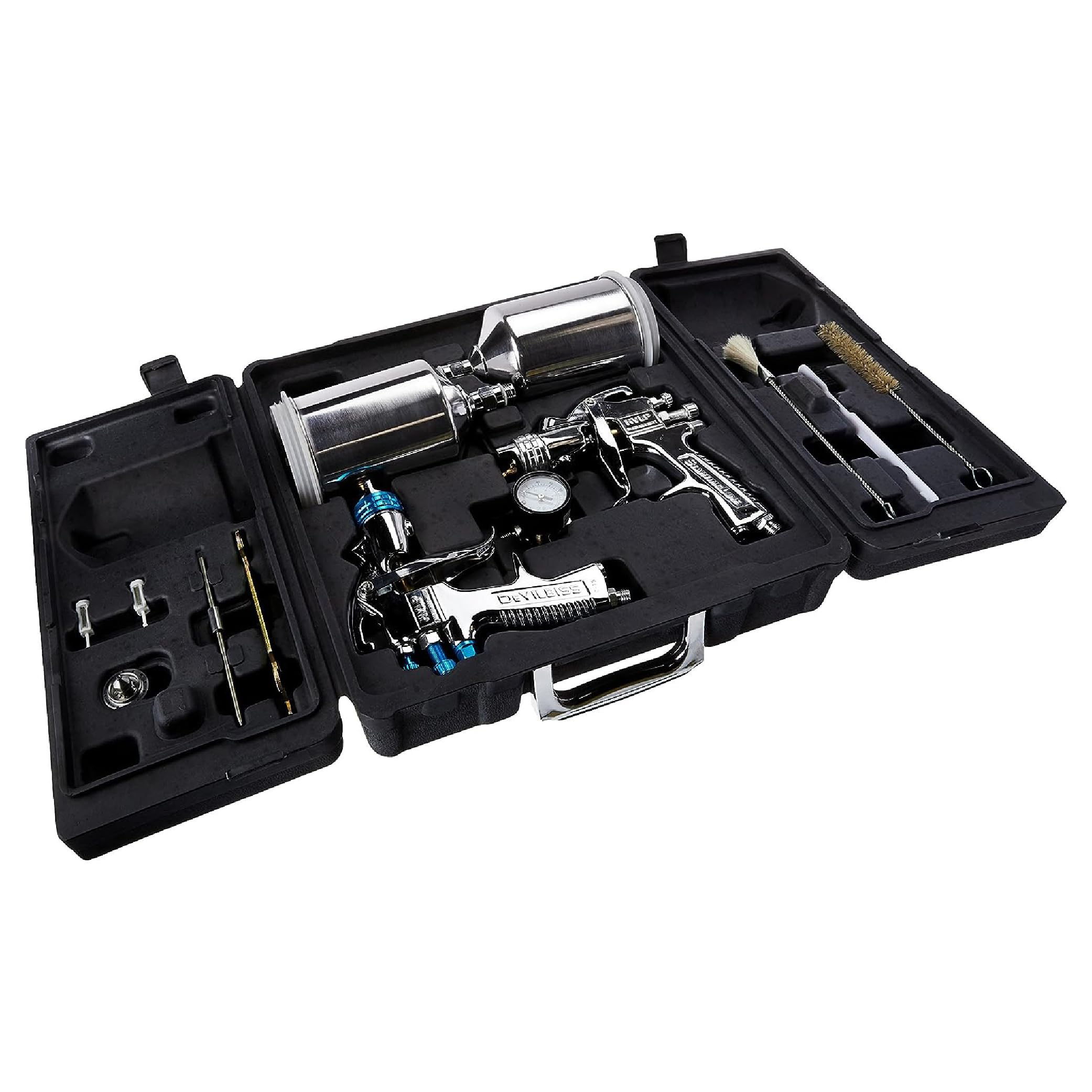 DeVilbiss StartingLine kit front view showing organized two-gun layout and benefits